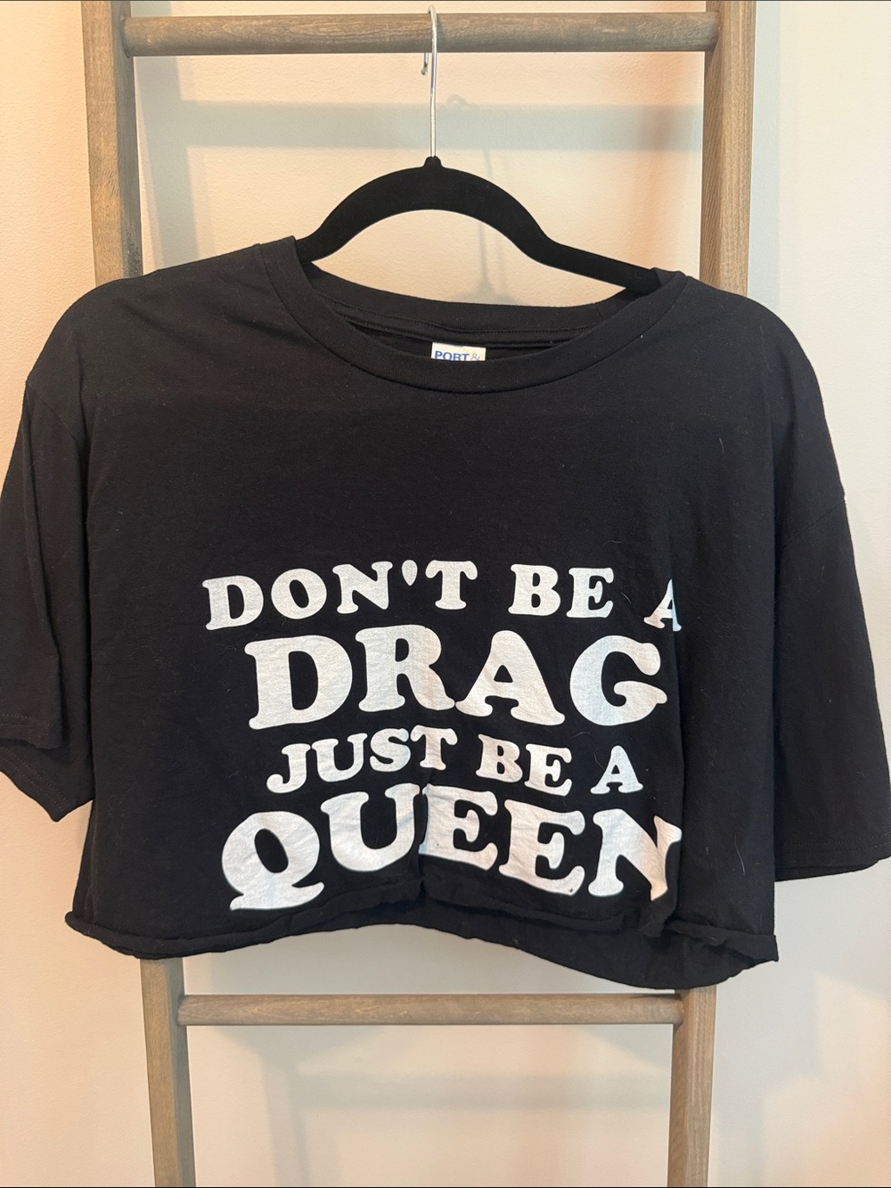 Port and Company Black Crop Tee with White Statement Print